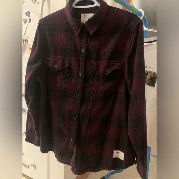 ⭐️TILLY⭐️Burgundy & Black Plaid Button Up Cozy Flannel Shirt •Large •VGUC - Picture 2 of 5